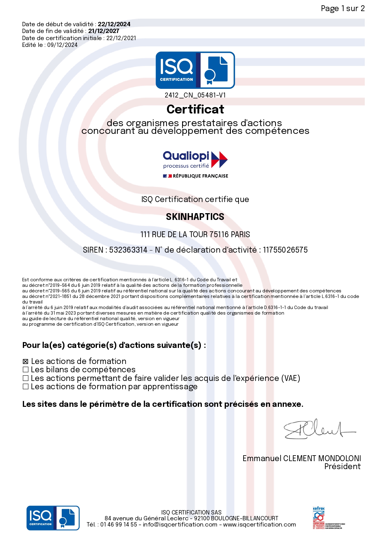 Certificat 2412 CN 21567 Qualiopi skinhaptics Certificat 2412 CN 21567 Qualiopi skinhaptics